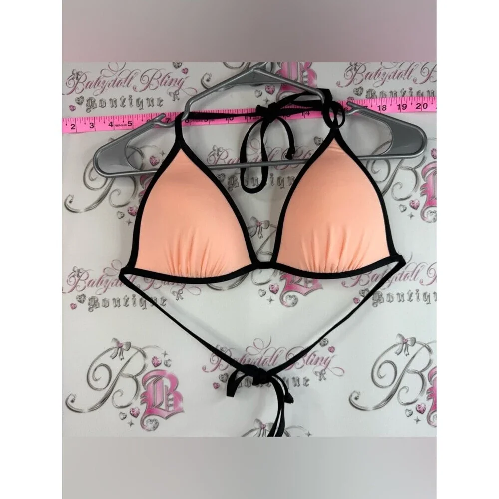 H&M halter orange neon Peach Triangle Bikini Top with Black Trim - Women Swim